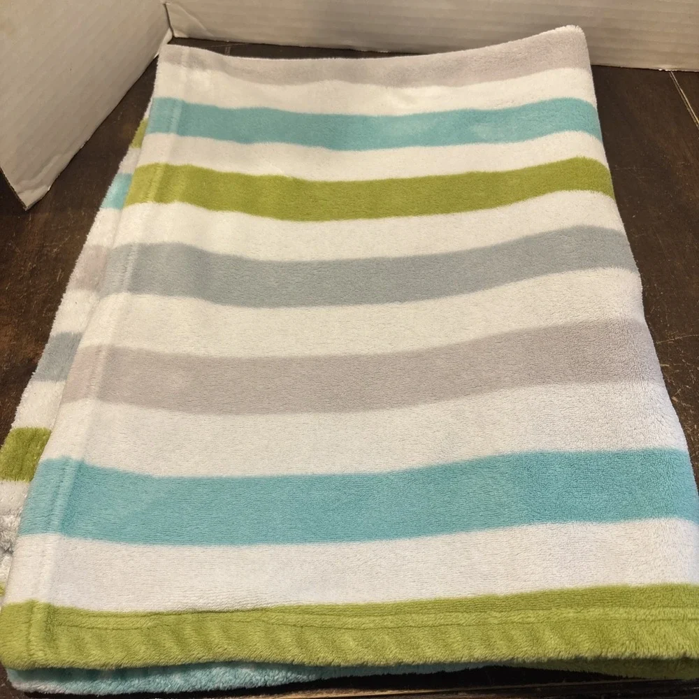 Lambs & Ivy Blue Green Gray Stripe Baby Blanket Gray Elephant 3D Ear 30